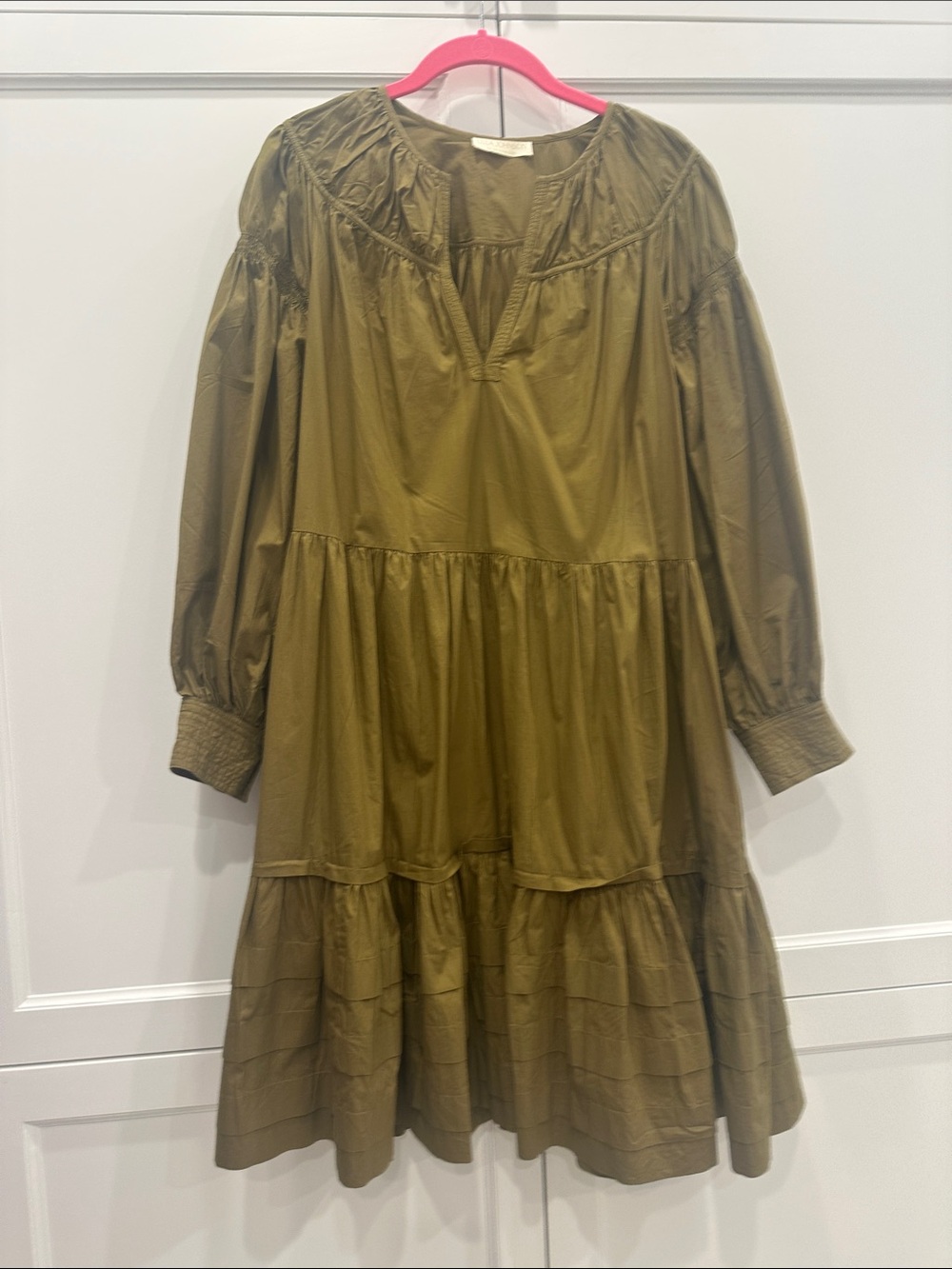 Olive Tiered Long Sleeve Smocked Cuff Dress Ulla Johnson